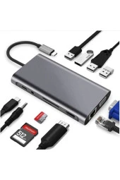 Type-C To HDMI Adaptör 11 In1 4USB 3.0 4K HDMI VGA Type C RJ45 Ethernet SD TF Kart Okuyucu 3.5mm AU thumbnail 3