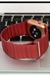 Apple Watch Kayış 42 Mm Deri Kırmızı thumbnail 3