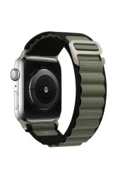 Apple Watch 5 Ile Uyumlu 42-44mm Kordon Kumaş Çift Renk Saat Kordonu Çift Katmanlı Koyu Yeşil-siyah thumbnail 1