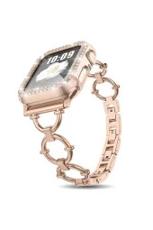Apple Watch 6 44mm Ile Uyumlu Dias Metal Halkalı Tasarım Kordon Rosegold - 1