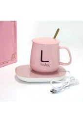 Elektrikli Isıtıcı Kapaklı Kaşıklı Şık Kupa Bardak Fincan Pembe - 1