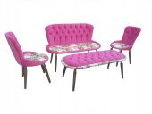 Berjer 18106 ÇAY SET Kayın ASLAN Beyaz Kapitone Babayface Kumaş Döşeme El Yapım - 1