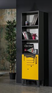 Kitaplık Urlu 17684 MİX SARI Model Dolaplı İki Raflı SARI GRİ Renk Yüksek Ayak El Yapım - 3