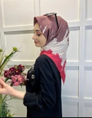 Eflatun Scarf Dijital Baskı Renkli Rayon Eşarp 00749  KREM KIRMIZI - 1