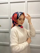 Eflatun Scarf Pamuklu (Cotton) Minimal Çiçek Desenli Eşarp 00747  LACİVERT FUŞYA thumbnail 1