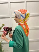 Eflatun Scarf Pamuklu (Cotton) Minimal Çiçek Desenli Eşarp 00747  TURUNCU thumbnail 3