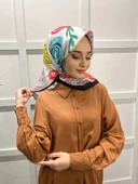 Eflatun Scarf Pamuklu (Cotton) Minimal Çiçek Desenli Eşarp 00747  SİYAH TURKUAZ - 1