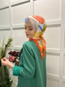 Eflatun Scarf Pamuklu (Cotton) Minimal Çiçek Desenli Eşarp 00747  TURUNCU thumbnail 2