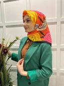 Eflatun Scarf Pamuklu (Cotton) Minimal Çiçek Desenli Eşarp 00747  SİYAH TURUNCU - 2