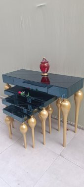 Dresuar-Zigon 13671 Tombul Model Kayın MDF tabla gold Füme cam Kaplama El yapım - 10
