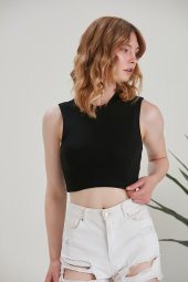 Halter Yaka Penye Beyaz Crop Top - 2