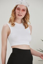 Halter Yaka Penye Beyaz Crop Top - 7