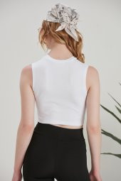 Halter Yaka Penye Beyaz Crop Top - 8