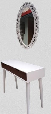 Dresuar 90015 Ahşap Kayın Retro Ayak Çift Çekm MOTİFLİ Ayna Beyaz Ceviz El Yapım - 5