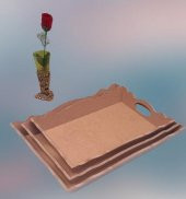 Hobi 90030 Dekoratif Model Üçlü Tepsi Seti Dalgalı Kenar Ahşap HAM MDF El Yapımı - 9