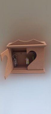 Hobi 90070 Dekoratif Anahtarlık Kutusu Model Ahşap MDF HAM  Kalpli El Yapımı - 3