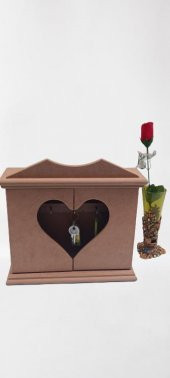 Hobi 90070 Dekoratif Anahtarlık Kutusu Model Ahşap MDF HAM  Kalpli El Yapımı - 5