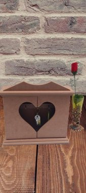 Hobi 90070 Dekoratif Anahtarlık Kutusu Model Ahşap MDF HAM  Kalpli El Yapımı - 6