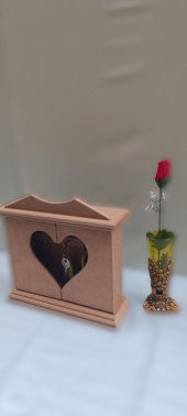 Hobi 90070 Dekoratif Anahtarlık Kutusu Model Ahşap MDF HAM  Kalpli El Yapımı - 7