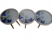 Zigon 19627 Sehpa Çember MAVİ KELEBEK Model Kayın Retro 3 Ayak Üstü Cam El Yapım - 2