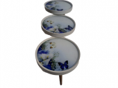 Zigon 19627 Sehpa Çember MAVİ KELEBEK Model Kayın Retro 3 Ayak Üstü Cam El Yapım - 8