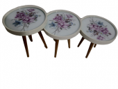 Zigon19630 Sehpa Çember YABAN GÜLÜ Model Kayın Retro Ceviz 3Ayk Üstü Cam El Yapım - 4