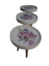 Zigon19630 Sehpa Çember YABAN GÜLÜ Model Kayın Retro Ceviz 3Ayk Üstü Cam El Yapım - 6