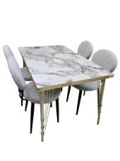 Masa-Sandalye 19640 Metal Midye Gold Kaplam Ayak Beyaz Mermer Desen Tabla El Yapı - 1