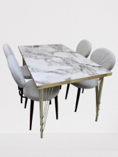 Masa-Sandalye 19640 Metal Midye Gold Kaplam Ayak Beyaz Mermer Desen Tabla El Yapı - 2