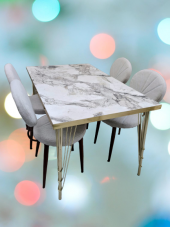 Masa-Sandalye 19640 Metal Midye Gold Kaplam Ayak Beyaz Mermer Desen Tabla El Yapı - 3