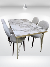 Masa-Sandalye 19640 Metal Midye Gold Kaplam Ayak Beyaz Mermer Desen Tabla El Yapı - 4