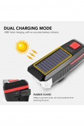 Solar Bisiklet Işığı Ön Farı Bisiklet Kornası Su Geçirmez Güneş Enerjili Usb Şarjlı Ön Feneri - 5