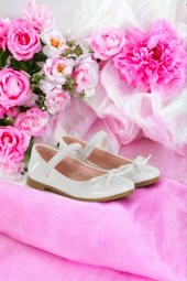 Albishoes Kız Çocuk Fiyonklu Cırtlı Rahat Taban Beyaz Rugan Kız Çocuk Babet Ayakkabı - 1