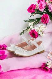 Albishoes Kız Çocuk Fiyonklu Cırtlı Rahat Taban Beyaz Rugan Kız Çocuk Babet Ayakkabı - 3