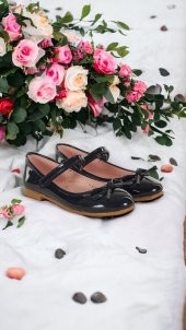 Albishoes Kız Çocuk Fiyonklu Cırtlı Rahat Taban Siyah Rugan Kız Çocuk Babet  Ayakkabı - 1