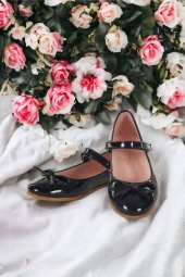 Albishoes Kız Çocuk Fiyonklu Cırtlı Rahat Taban Siyah Rugan Kız Çocuk Babet  Ayakkabı - 3