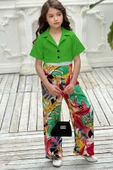 Kız Çocuk Kısa Kollu Blazer Ceketli Yaprak Desenli Yeşil Alt Üst Takım 4-14 Yaş thumbnail 7