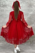 Kız Çocuk Güpür Detaylı Yakası Fırfırlı Puantiyeli Eteği Kabarık Tüllü Kırmızı Abiye thumbnail 2