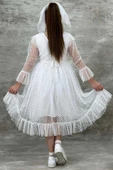 Kız Çocuk Güpür Detaylı Yakası Fırfırlı Puantiyeli Eteği Kabarık Tüllü Beyaz Abiye thumbnail 2