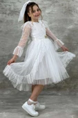 Kız Çocuk Güpür Detaylı Yakası Fırfırlı Puantiyeli Eteği Kabarık Tüllü Beyaz Abiye thumbnail 3