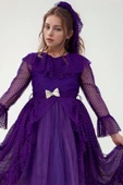 Kız Çocuk Güpür Detaylı Yakası Fırfırlı Puantiyeli Eteği Kabarık Tüllü Mor Abiye thumbnail 3