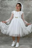 Kız Çocuk Güpür Detaylı Yakası Fırfırlı Puantiyeli Eteği Kabarık Tüllü Beyaz Abiye thumbnail 1