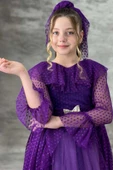 Kız Çocuk Güpür Detaylı Yakası Fırfırlı Puantiyeli Eteği Kabarık Tüllü Mor Abiye thumbnail 6