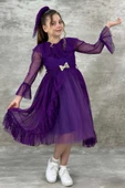 Kız Çocuk Güpür Detaylı Yakası Fırfırlı Puantiyeli Eteği Kabarık Tüllü Mor Abiye thumbnail 7