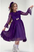Kız Çocuk Güpür Detaylı Yakası Fırfırlı Puantiyeli Eteği Kabarık Tüllü Mor Abiye thumbnail 2