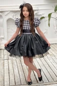 Kız Çocuk Balon Kollu Kazayağı Desenli Deri Etekli Tül Detaylı Siyah Elbise 2-12 Yaş thumbnail 1
