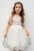 Kız Çocuk Etek Ucu Şerit Detaylı Tüllü Papatya Desenli Gri Elbise - 1