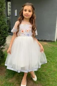 Kız Çocuk Etek Ucu Şerit Detaylı Tüllü Papatya Desenli Gri Elbise - 5