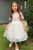 Kız Çocuk Etek Ucu Şerit Detaylı Tüllü Papatya Desenli Gri Elbise - 4