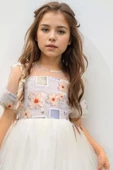 Kız Çocuk Etek Ucu Şerit Detaylı Tüllü Papatya Desenli Gri Elbise - 2